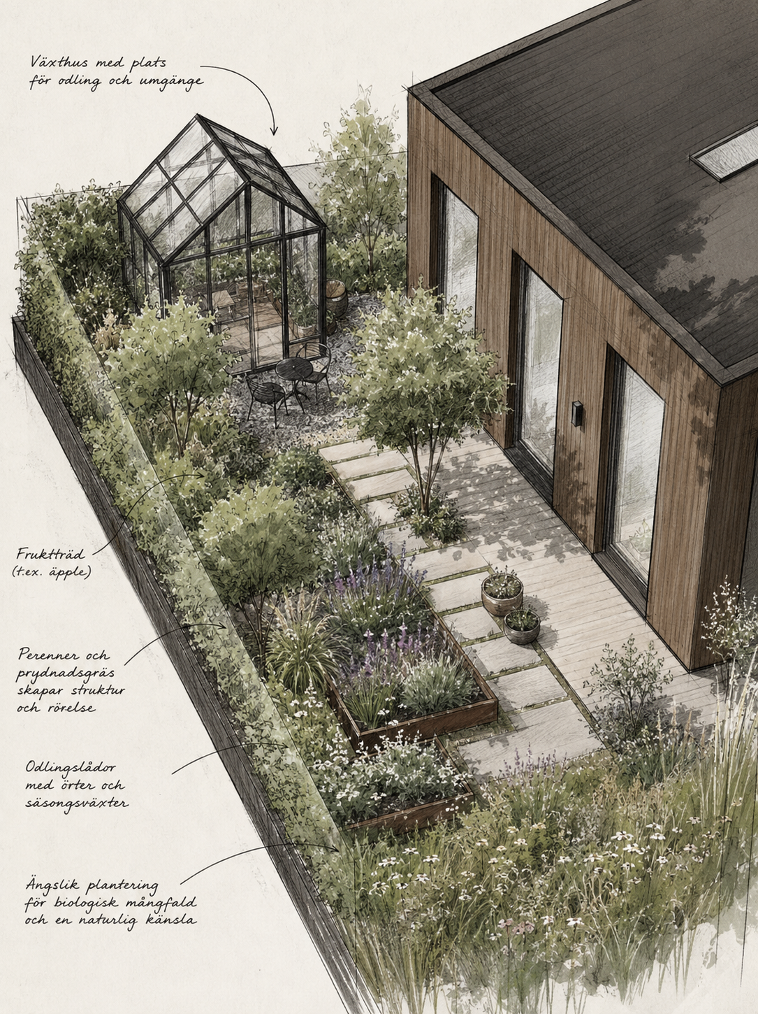 Illustration av trädgård med växthus och planteringar