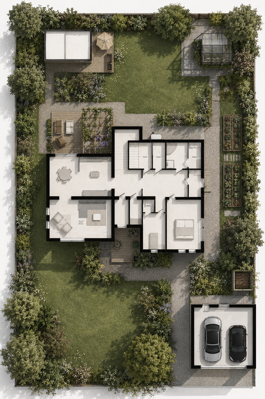 Översiktsplan över hus och trädgård